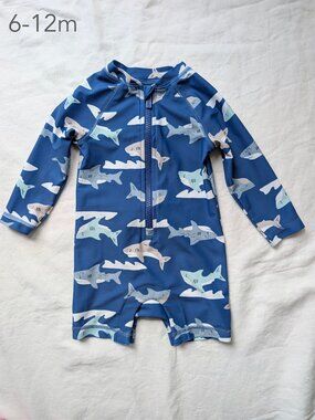 🪴5/$30 Old Navy 6-12 Months Baby Shark Blue Swim Suit Rashguard Summer Beach